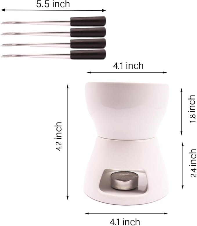 Fondue Pot Set with 4 Forks Ceramic Butter Warmer Set Premium Tea Light Porcelain Melting Pot for Chocolate Cheese Caramel