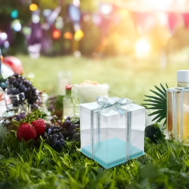 XININSUN 14x14x12inch clear cake box with ribbon,12inch14inch tall cake boxes for tiered cakes,layer cake carrier,disposable cake containers,ideal for wedding birthday party and gift display-Green