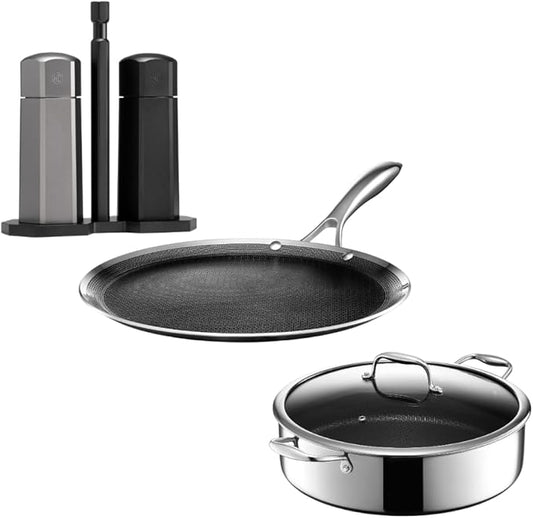 HexClad Hybrid Nonstick 6-Piece Cookware Set, 7Qt Chicken Fryer with Lid, 12" Griddle, and Tabletop Salt and Pepper Grinder Set, Stay-Cool Handles, Dishwasher and Oven-Safe, Induction Ready