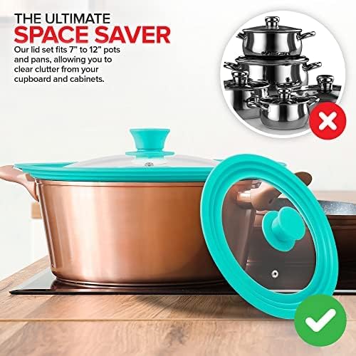 Modern Innovations Universal Lids (Set of 2) Fits 7 to 12-Inch Cookware, Silicone Replacement Pan Lid, Glass Top Covers for Skillets, Pots, Frying Pans, Cast Iron - Turquoise | Teal