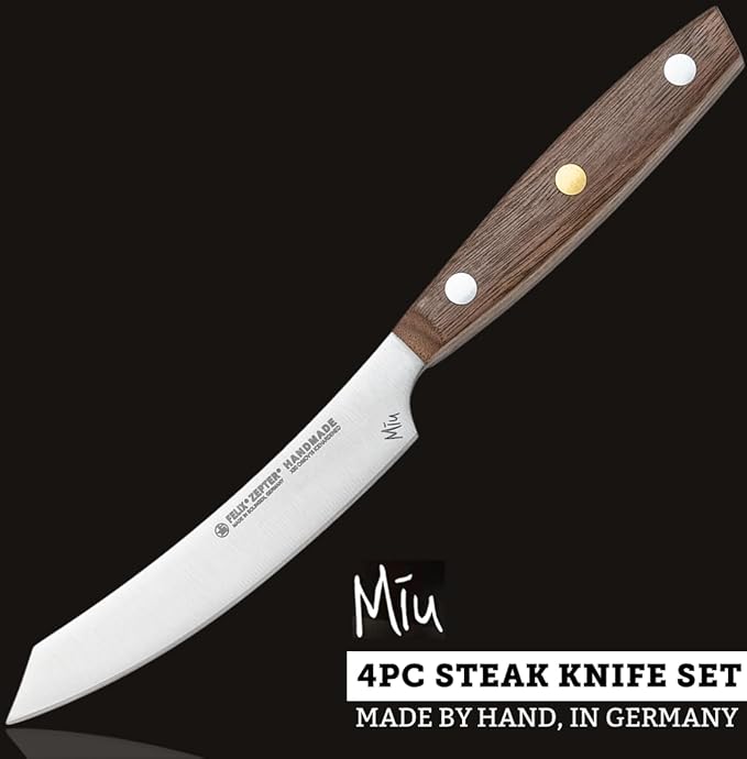 Zepter Felix MIU non serrated steak knives set of 4. High-carbon ice-hardened Solingen steel, professional handmade German cookware. Chef handle, steak knife set without block: 4 filet/dinner knives