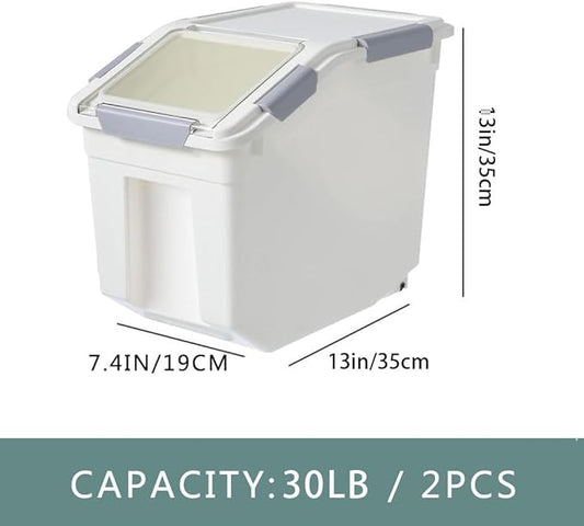 30Lbs 2 Pack Food Storage Container with Scoop, Airtight Rice Storage Bins Flour Containers Pet Food Dispenser with Handle & Wheels, Plastic Kitchen Pantry Organization for Cereal Baking Supplies