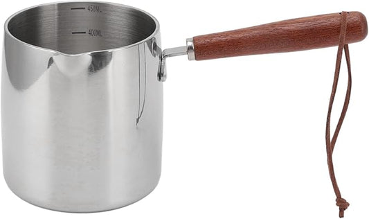 Stainless Steel Turkish Warmer Coffee and Butter Warmer - 450ml/15oz Milk Pot with Spout and Wooden Handle