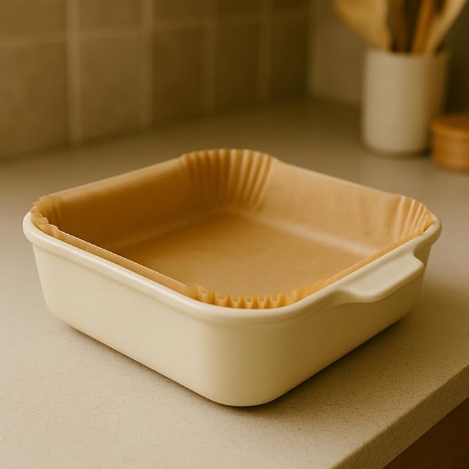 8 Inch Square Pre-Formed Parchment Paper, Plastic Free Packaging, Natural Unbleached Food Grade Non-Stick Liners, High Heat Safe, Designed in USA, 50 Sheets