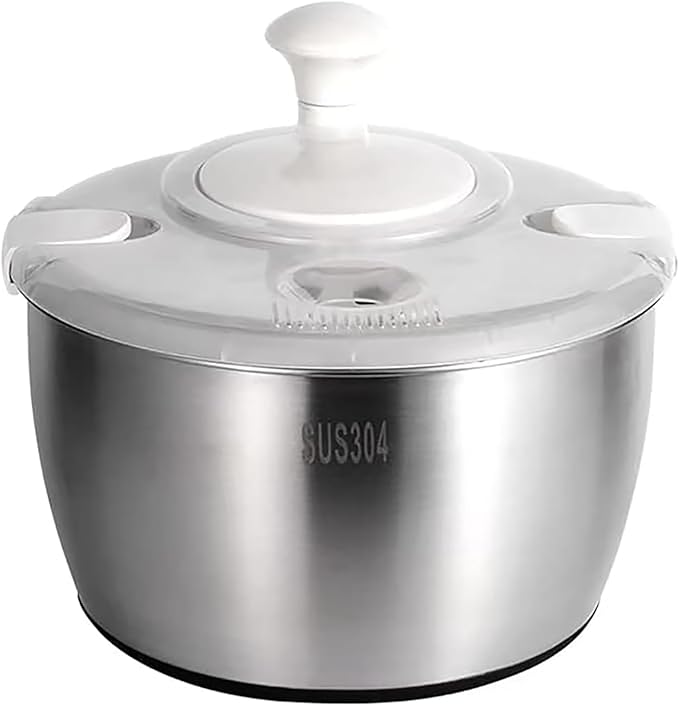 Salad Spinner, Large Stainless Steel Vegetable Washer, 5.3 Qt Plastic Lid for Washing Pasta and Fries, Durable Kitchen Tool