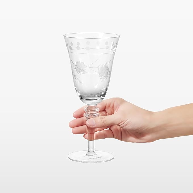 Royalrose Premium Delight Wine Glasses Set of 4, 14.2 oz – Hand-Blown with Etched Long Stem, Classic Glassware for Weddings, Dinners, and Holiday Gifting (Vintage Wine Glasses)