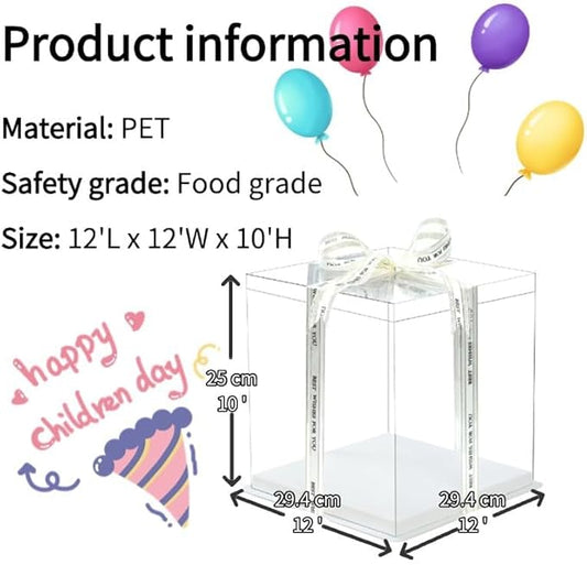 30 Pcs, 12'x12'x11' inch Food Grade Clear Plastic Display Boxes, 29.4 x 29.4 x 25 cm with Ribbon, for Cakes, Bakeries, Desserts, Birthday, Christmas and Thanksgiving
