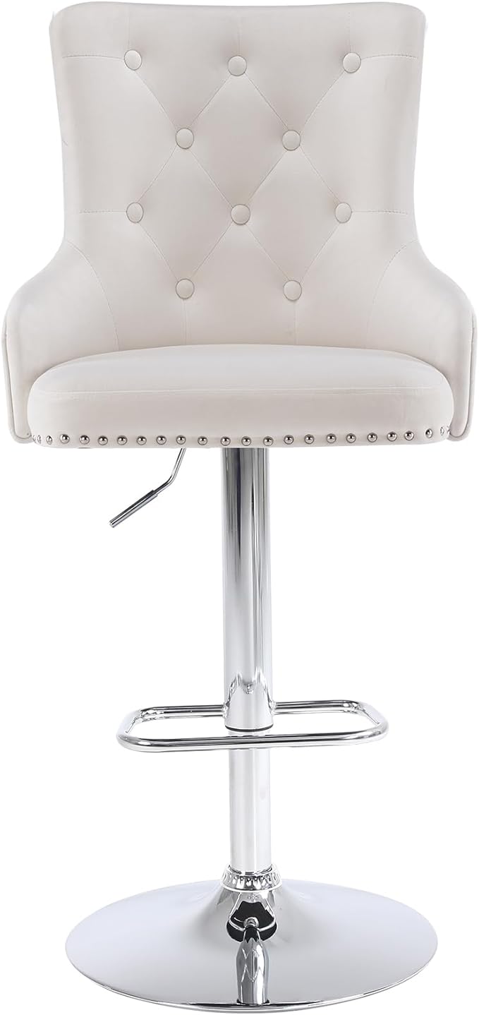 Velvet Lion Bar Stools Set of 6, Modern Height Adjustable Swivel Barstools with Chrome Base, Tufted Counter Height Bar Stools Upholstered Bar Chairs for Kitchen Island, Dining Room, Beige