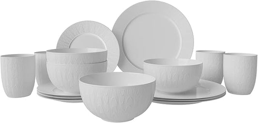 Yoshy 16-Piece White Embossed Mesh Bone China Dinnerware with Lightweight Durable Chip Resistant Design Service for 4