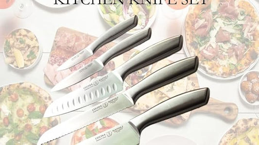 Kitchen Knife Set of 5 Piece | Satin Finish Blade with Hollow Handle | Includes 3.5" Paring, 5" Utility, 7" Santoku, 8" Bread, 8" Chef Knives