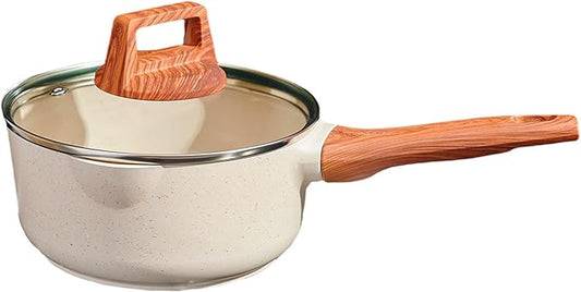 2 Quart Nonstick Sauce Pan with Lid, Small Sauce Pots for Cooking with Pour Spout, Small Induction Pot with Handle for Stove, Induction, Gas, Non Toxic, PFOA Free (Beige, 1 PCS)