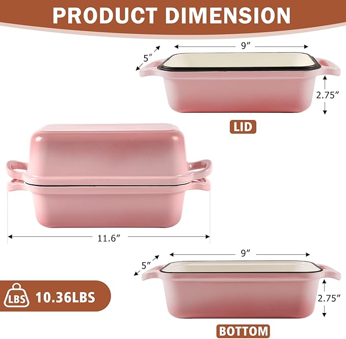 9 x 5 Inch Bread Pan Enameled Cast Iron Loaf Pan with Lid for Baking, 2 in 1 Non-stick Sourdough Bread Loaf Pan for Homemade Bread, Oven & Stovetop Safe for Gas, Electric & Induction, Pink