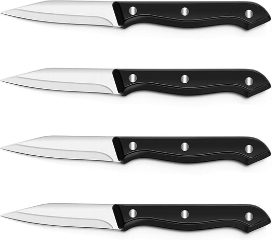 BEWOS 4-Piece Paring Knife Set - Paring Knives with Ergonomic Handle, 3.5 Inch Triple Rivet Paring Knives, Stainless Steel/Black Parers for Vegetable, Fruit & Kitchen Use
