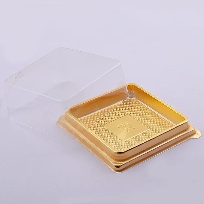 50 Pcs 3.5 Inch Mini Cake Box, Clear Plastic Cupcake Container for Muffins, Cookies, Mooncakes - Small Single Dessert Holder for Wedding, Birthday - Bonus 50 Pcs Gold Stickers