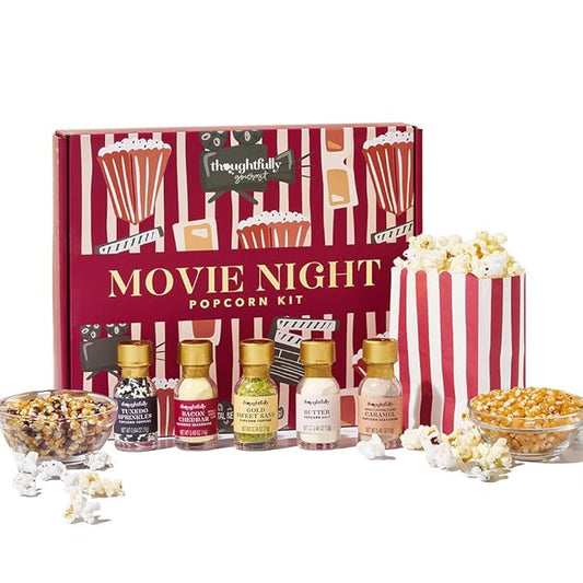 Thoughtfully Gourmet, Movie Night Popcorn Set, Includes Yellow and Mixed Popcorn Kernels, 10 Paper Bags, 5 Seasonings & Toppings
