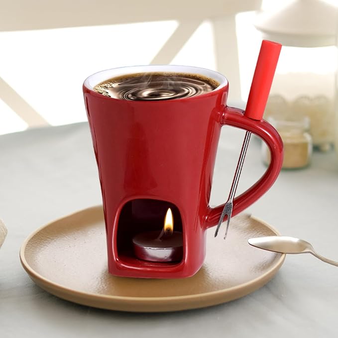 Personal Chocolate Fondue Set Of 3, Chocolate Melting Cup Tea Light With Fork, Ceramic Sweet Melted Fondue Mug For Butter Cheese Dessert Candy Chocolates, Meltie Cup For Cooks Kids Adults