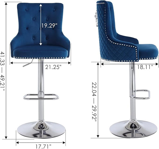 Velvet Adjustable Swivel Barstools Set of 2 with High Tufted Back, Modern Counter Height Stools with Chrome Base Footrest Pull Ring Rivet Trim for Kitchen, Dining Room, Pub (Dark Blue)