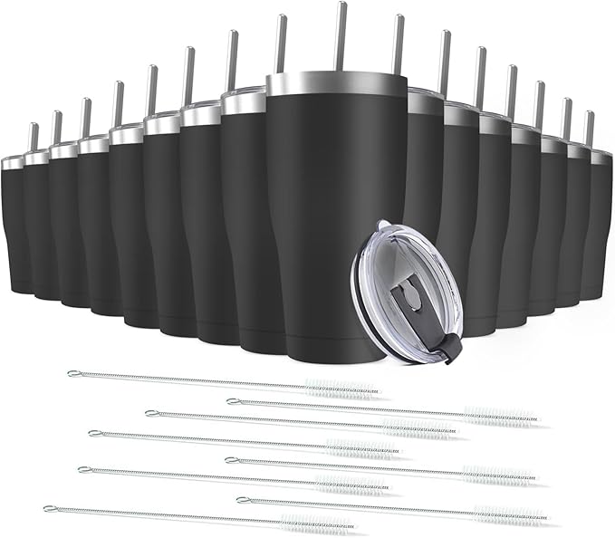 16 Pack 20oz Stainless Steel Tumblers Bulk Reusable Travel Mugs with Lid, Double Wall Powder Coated Coffe Cup for Home, Office, Outdoor Suitable for Vehicle Cup Holders