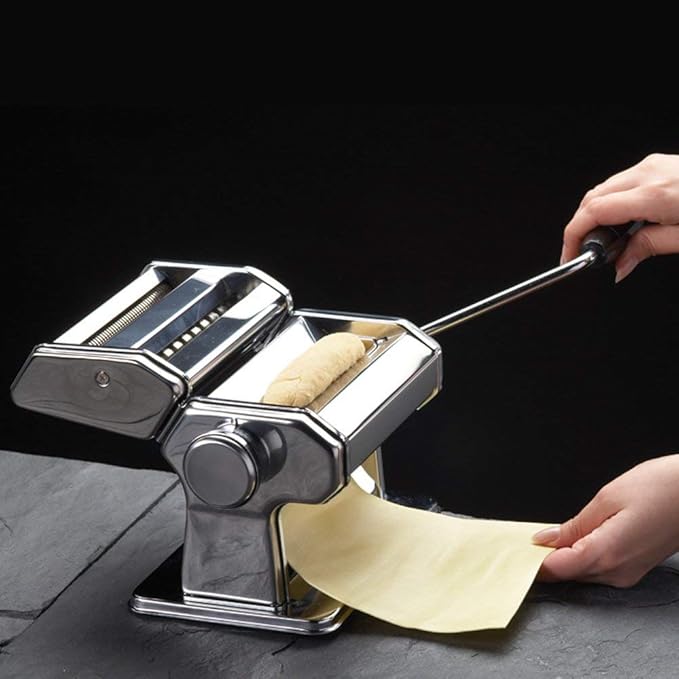 GOURMEX Pasta Maker Machine Stainless Steel Manual | With Adjustable Thickness Settings | Perfect for Homemade Spaghetti Fettuccini Noodles and Lasagna | Includes Removable Handle and Clamp (Silver)