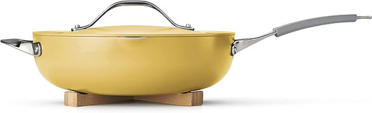 Tramontina All-in-One Plus Pan Set, 5-Quart Ceramic Non Stick Cooking Pan with Lid, Steamer Insert, Bamboo Utensil and Trivet, Yellow