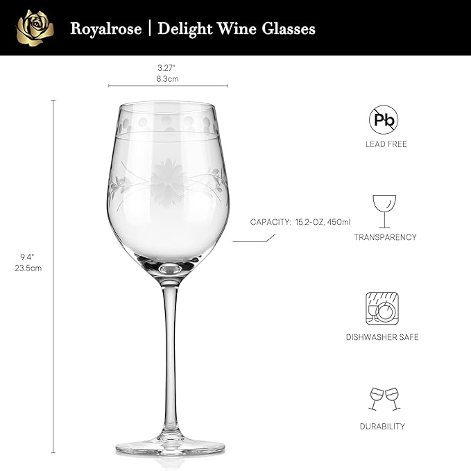 Royalrose Premium Delight Wine Glasses Set of 4,15 oz – Hand-Blown with Etched Long Stem, Classic Glassware for Weddings, Dinners, and Holiday Gifting (Red Wine Glass)