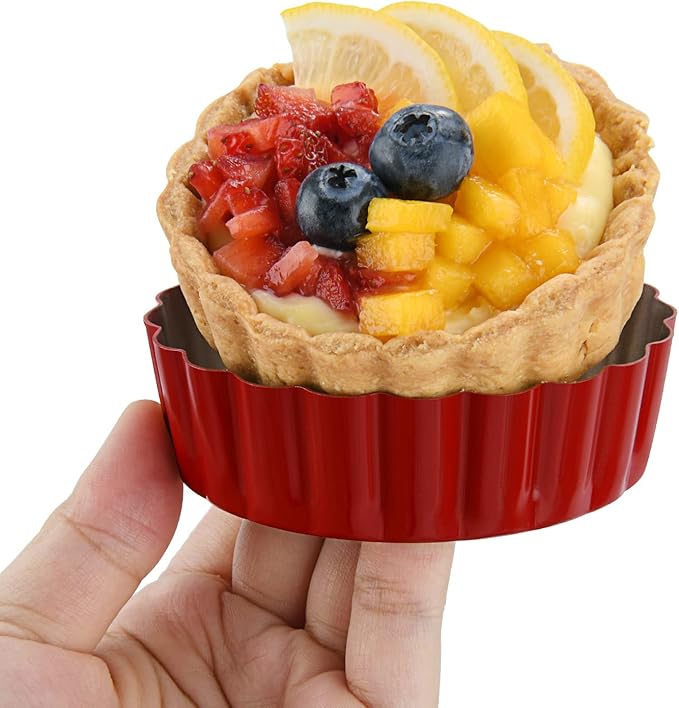 3-3/5 Inch Mini Tart Pans with Removable Bottoms, Round Mini Quiche Pans for Baking, Nonstick Cake Pans Set for Pies, Mousse Cakes, Dessert Baking (Red)