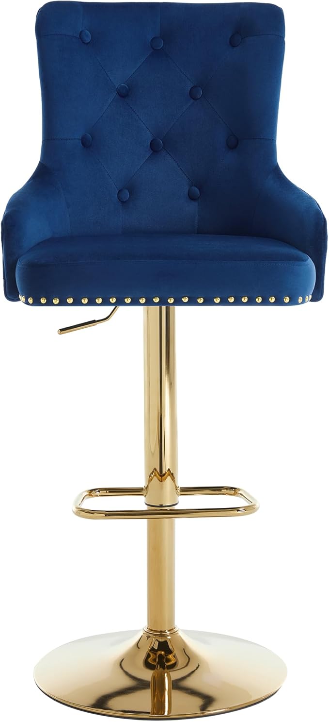 Velvet Gold Barstools Set of 2, Modern Counter Height Adjustable Swivel Stools Chairs with High Tufted Backrest Golden Base Lion Pull Ring Diamond Pattern Rivet Trim for Kitchen (Dark Blue)
