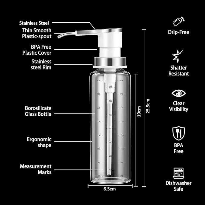 Sauce Pump Dispensers, Coffee Syrup Dispenser, 17oz Glass Bottle with Stainless Steel Pumps, Leak-Proof, Food Grade Pumps for Honey, Syrups, Oil, Condiments, Salad Dressings (4 x Units)