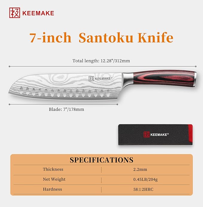 KEEMAKE 7 Inch Japanese Santoku Knife, Ultra-Sharp 1.4116 High Carbon Steel Blade with Pakkawood Handle, Professional Chef's Knife for Kitchen w/Sheath and Gift Box