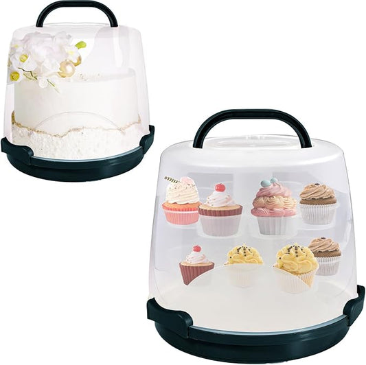Cake Carrier Round Cake Stand Plus Height Cake Container with Cupcakes Pad, Handle, Lid Reusable Package Box for Transporting Desserts,Pie,Toast,Fruit (10" Black)