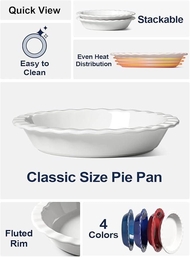 LE TAUCI Ceramic Pie Pans for Baking, 9 Inches Pie Plate for Apple Pie, Round Baking Dish, 36 Ounce Fluted Dish Pie Pan, Set of 2, White