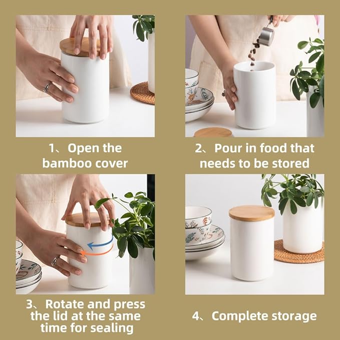 Sweejar Ceramic canisters for kitchen counter,Stackable Food Containers Set with Airtight Seal Bamboo Lid for Serving Ground Coffee, Tea, Spice, Flour and Sugar-Set of 3 (Black)