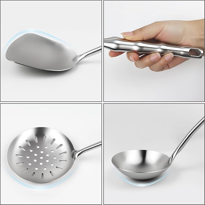 18/10 Stainless Steel Kitchen Utensils Set,9pcs Metal Cooking Utensils Set Cookware for Wok Tools,14 inch Long Heavy Duty Kitchen Tools Set for Chef