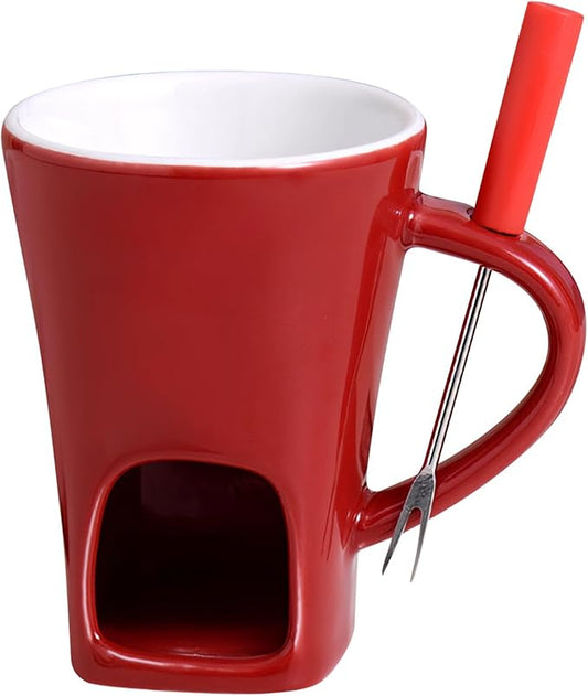 Homaisson Ceramic Chocolate Fondue Mug, Chocolate Melting Mug, Red Ceramic Cup for Melting Chocolate, Cheese, or Butter, Includes Fork and Candle Holder, Great for Parties and Presents