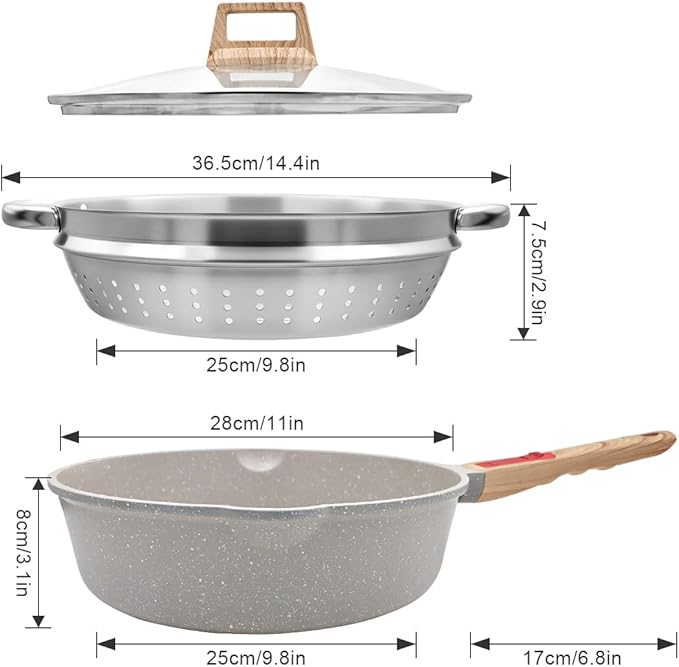 11 Inch Nonstick Deep Frying Pan with Lid, 4-Pc Set - (4.5 Qt Saute Pan with Lid, Steamer/Strainer Basket, Silicone Spatula), Skillet with Detachable Handle, Oven Safe, Non-Toxic