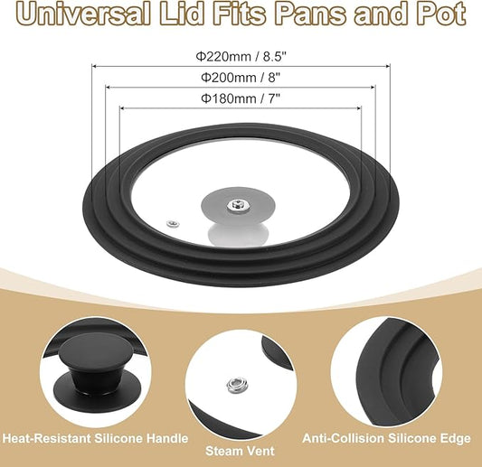 uxcell 1Pcs Universal Lid for Pot Fit 7, 8, 8.5 Inch Diameter Cookware, Replacement Pan Lids with Heat Resistant Silicone Rim, Steam Vent Pan Lid for Pots, Frying Pans, Skillets, Black