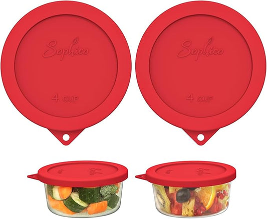 Sophico 4 Cup Round Silicone Storage Cover Lids Replacement for Anchor Hocking and Pyrex 7201-PC Glass Bowls (Container not Included) (Red-2 Pack)