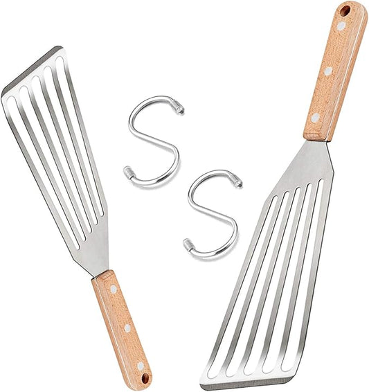 Fish Spatula Set of 2, HaSteeL Stainless Steel Slotted Spatula Turner with Riveted Wooden Handle, Professional Metal Spatulas Great for Kitchen Cooking Flipping Frying & Grilling, 2 x Hooks