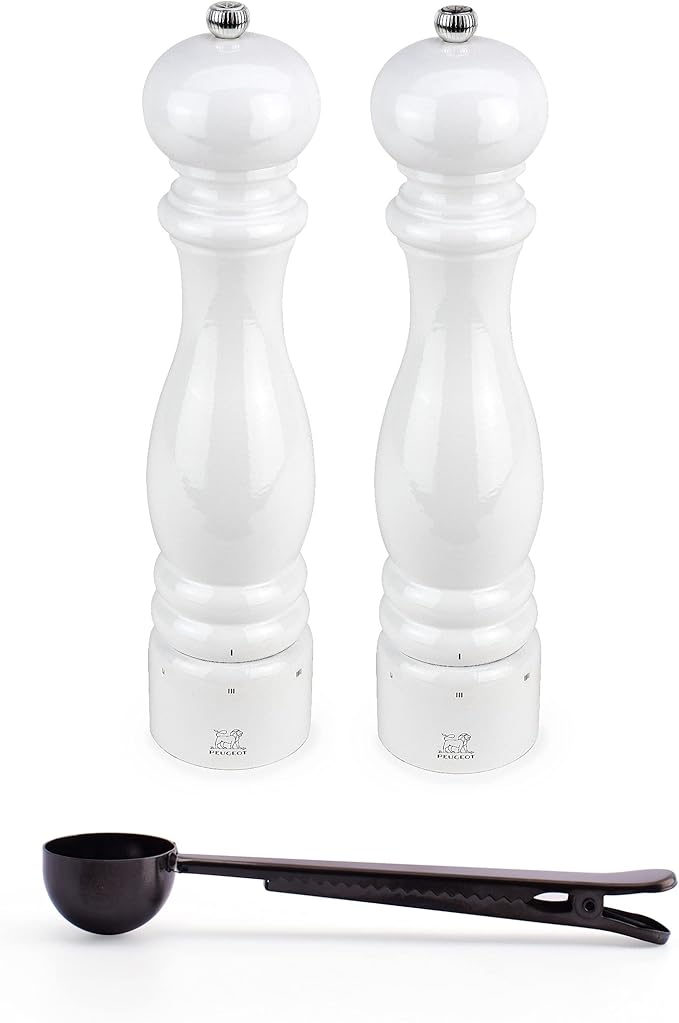Peugeot Paris u'Select 6 Setting Manual Salt & Pepper Mill Set With Black Stainless Steel Spice Scoop Made In France (White Lacquered, 12- Inch)