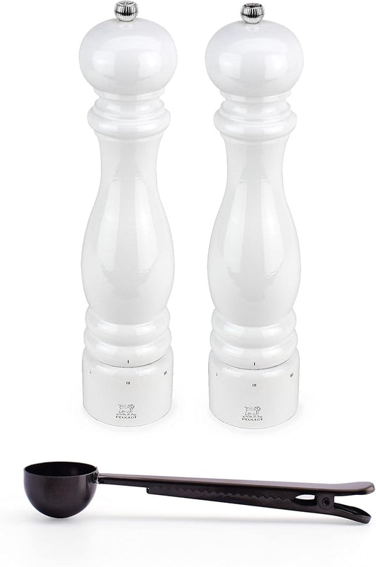 Peugeot Paris u'Select 6 Setting Manual Salt & Pepper Mill Set With Black Stainless Steel Spice Scoop Made In France (White Lacquered, 12- Inch)