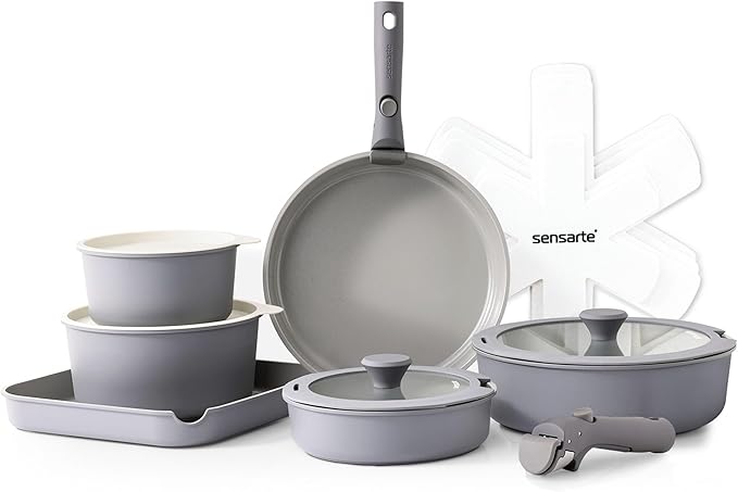SENSARTE 17 Piece Ceramic Pots and Pans Set, Nonstick Detachable Handle Cookware, Induction Kitchen Cookware Set with Removable Handle, Dishwasher & Oven Safe (Gray)