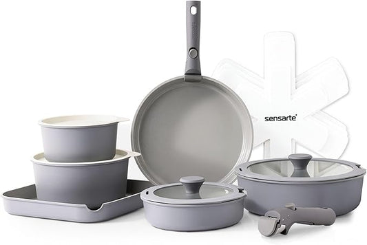 SENSARTE 17 Piece Ceramic Pots and Pans Set, Nonstick Detachable Handle Cookware, Induction Kitchen Cookware Set with Removable Handle, Dishwasher & Oven Safe (Gray)