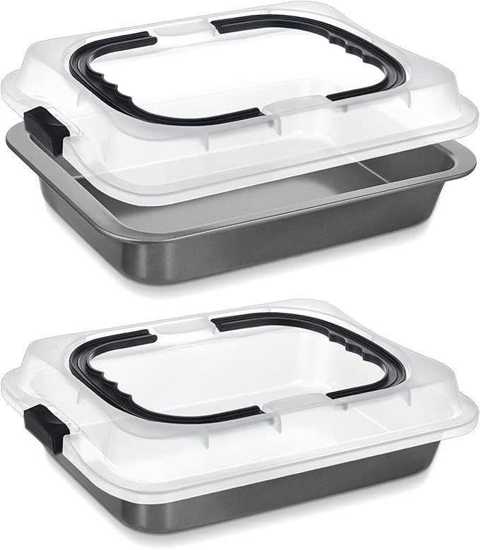 2 Pcs Cake Baking Pan with Lid and Handle, 9 x 13 Inch Non-stick Rectangle Sheet Cake Pan Carrier for Brownie Roasting Cooking Baking (Black Gray)
