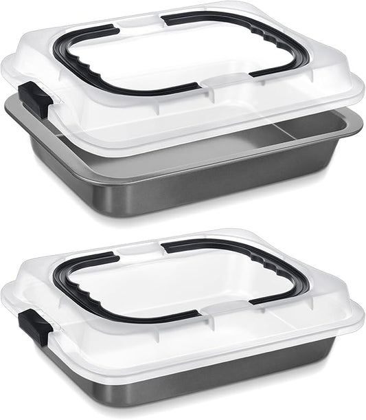2 Pcs Cake Baking Pan with Lid and Handle, 9 x 13 Inch Non-stick Rectangle Sheet Cake Pan Carrier for Brownie Roasting Cooking Baking (Black Gray)