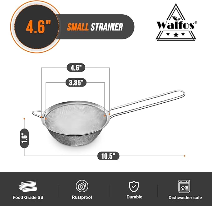Walfos 4.6 Inch Fine Mesh Strainer, Premium Stainless Steel Colanders and Sifters, with Reinforced Frame and Sturdy Handle, Perfect for Sift, Strain, Drain and Rinse Vegetables, Pastas and Tea