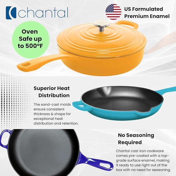 Chantal Cast Iron Skillet Sauté Pan with Lid, 4 qt, US Formulated Premium Enamel, Fade Grey