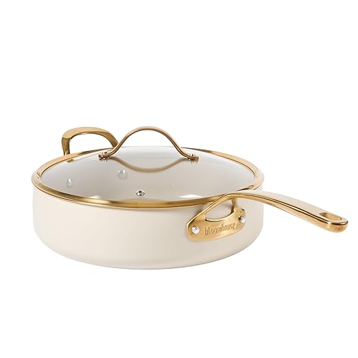 bloomhouse 6 QT Heavy Duty Aluminum Premium PFA Free Ceramic Nonstick Saute/Deep Frying Pan Skillet with Lid - Almond Cream w/Gold Handle