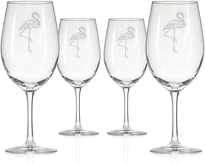 Rolf Glass Flamingo All Purpose Wine Glass | 18oz Large Stemmed Glasses | Lead-Free and Sand-Etched | Coastal and Tropical Engraved Flamingo Design | Made in the USA | Set of 4