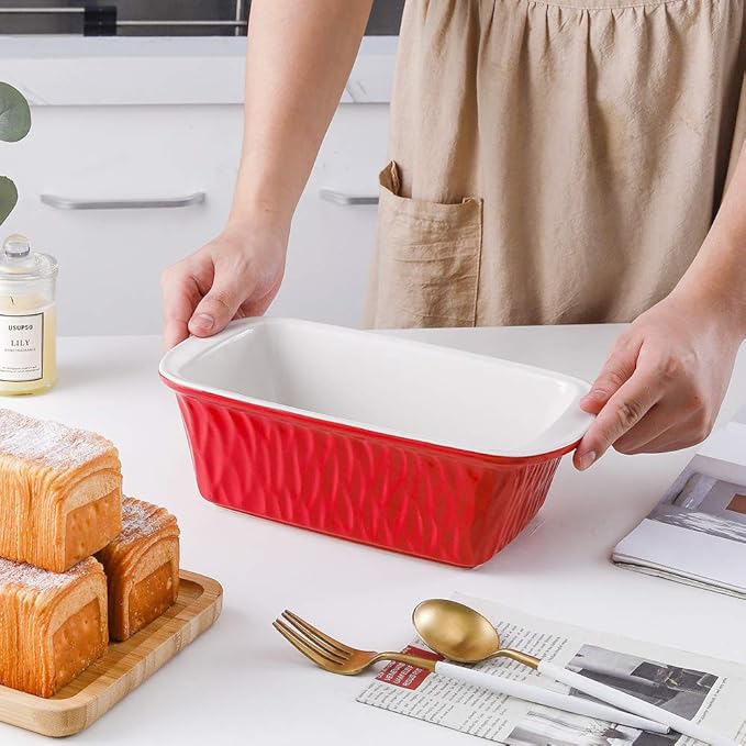 Ceramic Loaf Pan for Baking Bread, 9 x 5 inch Bread Pan, Rectangular Bread Loaf Pan, Ceramic Bakeware for Cooking, Home Kitchen, Bread Baking Pan Texture Series (Red)