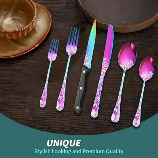 Premium 24 Piece Western Pattern Steak Knife,Fork and Spoon Set,Set for 4,Stainless Steel Cutlery Set with Gift-Ready Box,Dishwasher Safe, Ergonomic Design (Multicolor)